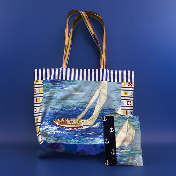 Packable Beach Tote 21"x15"x4.5" Nautical Sailboat Cotton with Packable Pouch - Picture 1 of 6